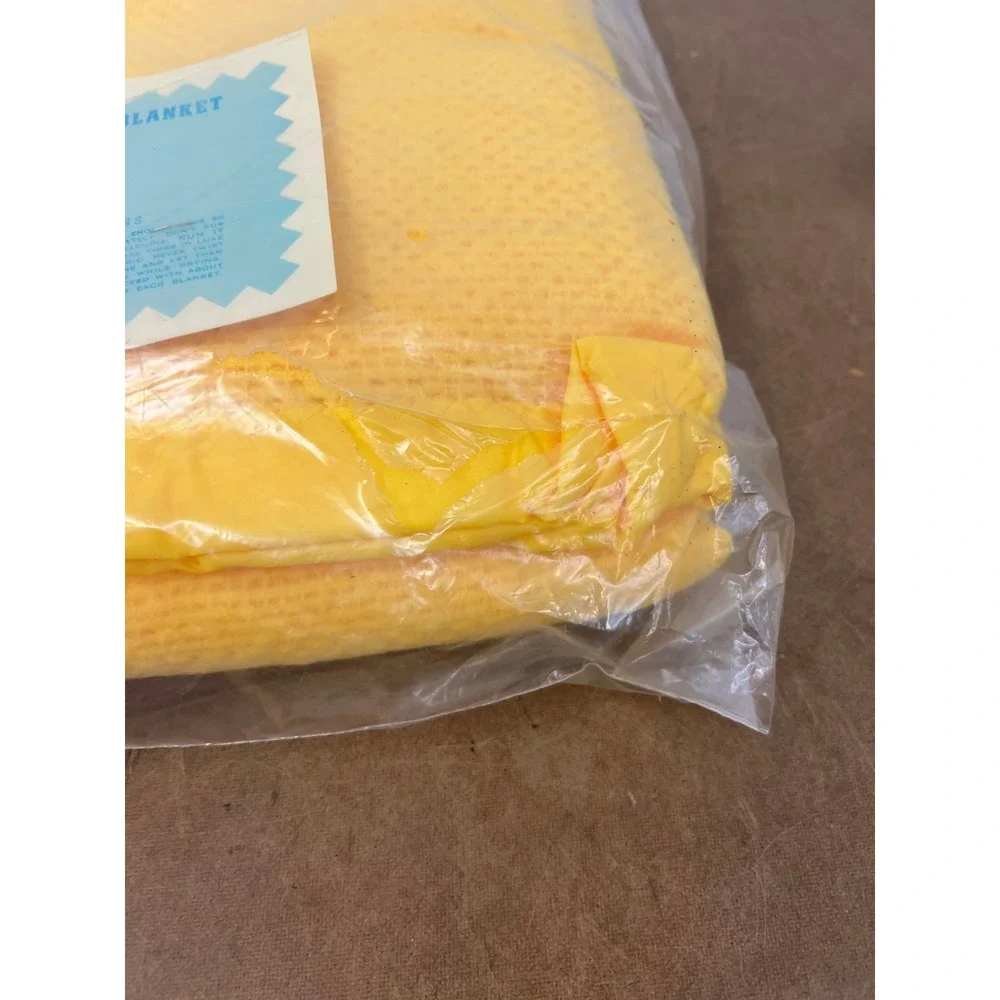 Vintage Touraine Yellow Thermal Blanket 100% Polyester Nylon Bound Imperfect NOS